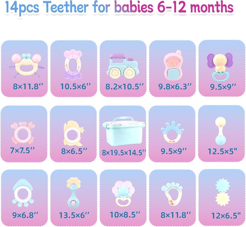 Beauenty 14 Pcs Baby Teether Toy Rattle Set with Storage Box - BPA Free Soft Silicone Teething Toys for 10+ Months - Image 5
